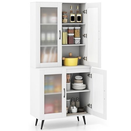 Kitchenskåp 178,5 cm COSTWAY, 4 Transparenta Dörrar, Justerbar Hylla, Metallben, Förvaringsmöbel för Vardagsrum, Vit