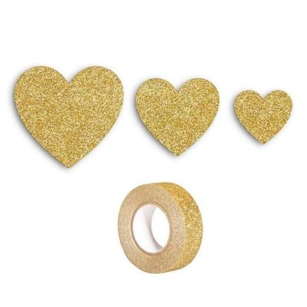 12 guld glitter hjärtan + guld glitter maskeringstejp 5 m