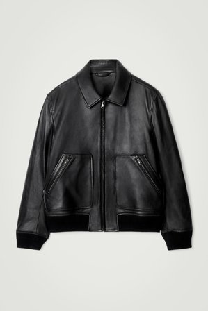 COS Men's Leather Bomber Jacket in Black