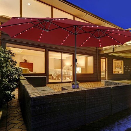Parasol Trädgård Dubbel XXL 48 LED - COSTWAY - 470 x 280 x 246 cm - Bas och Sandväska - Solpanel - Rektangulär Röd