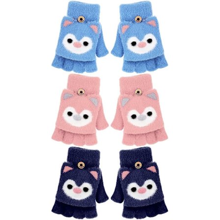 3 par konvertibla flip-top handskar, varma stickade halvfingerhandskar för barn, pojkar och flickor 5-10 år