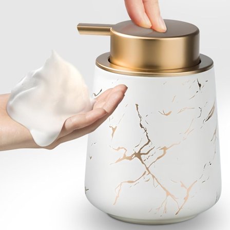 Keramisk såpedispenser for skum og lotion med lett trykkpumpe, hvit, 12,5x8,5 cm