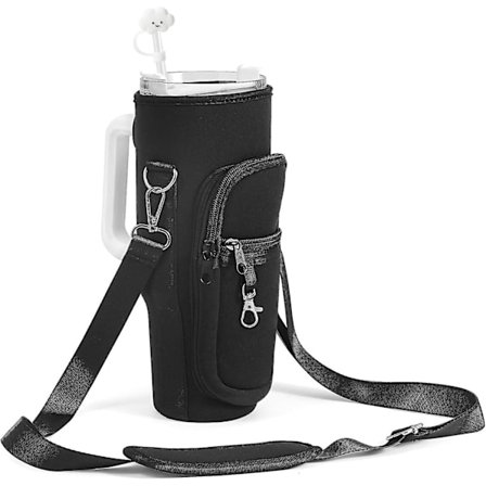 Vannflaskeholder med stropplomme og håndtak passer til Stanley Quencher H2.0 & Adventure 40 Oz Tumbler, vannflaskebæreveske med 1,5 m stropp, B