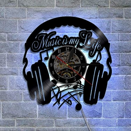 Musikvynil väggklocka - Hörlursformad LED-ljus väggklocka - Vinylklocka - Vardagsrumsväggdekor - Unika presenter till musikälskare