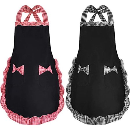 2 stk forklæde til kvinder (sort og hvid, sort og rød ternet 72*70