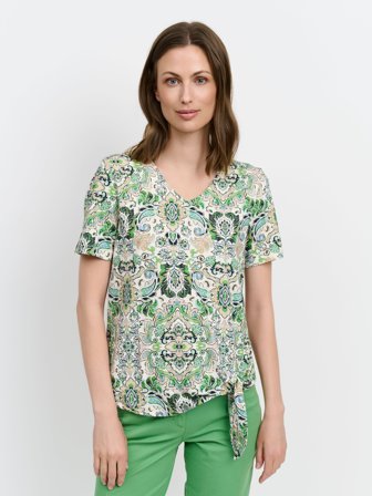 BRANDTEX - Kortærmet T-shirt - Grøn - Paisley Print / Bindebånds Detalje
