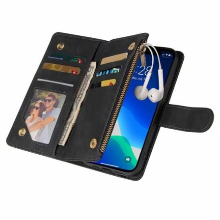 iPhone 13 Pro Max multifunktionelt pung etui Lynlås 8-rum Svart