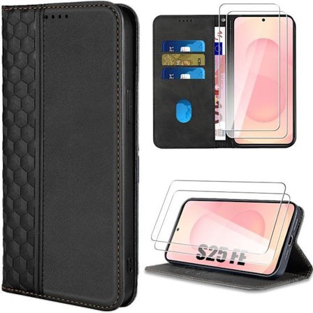 Skyddsfodral - BOOLING - för Samsung Galaxy S25 FE - Syntetiskt läder Svart Mosaikmönster - 2 Härdade glas