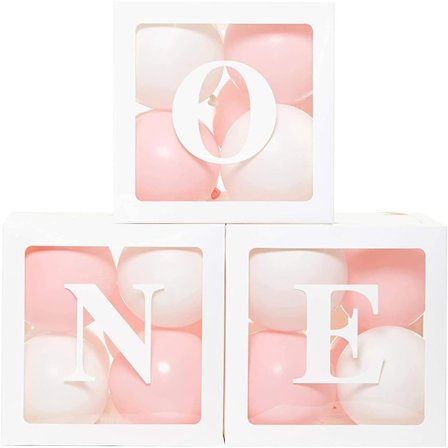 1-års fødselsdagsfest Dekoration Bokse til Drenge og Piger, Sæt med 3 Hvide Ballon Bokse med Et Bogstav, Ballon Klodser 1-års Fødselsdagsdekorationer