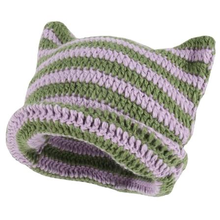 Stickad Cat Beanie med Öron, Randig Vintervarm Elastisk Mössa, Lila och Grön Purple and Green