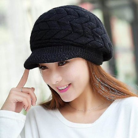 Dame Vinter Varmt Strikhue Uld Sne Ski Huer Med Skygge Sort