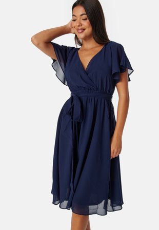 Goddiva - Flutter Chiffon Midi Dress - Navy