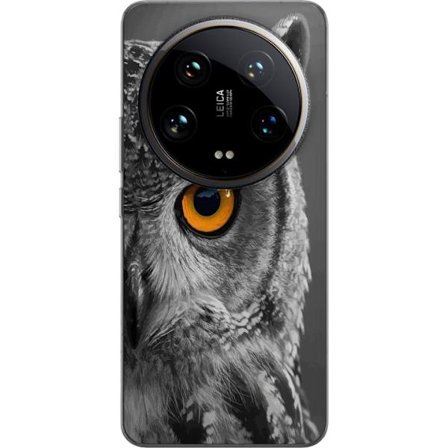 Kompatibel Mobilcover til Xiaomi 14 Ultra Sort-hvid tæt på billede af en ugle med intens orange øje og detaljeret fjerstruktur.