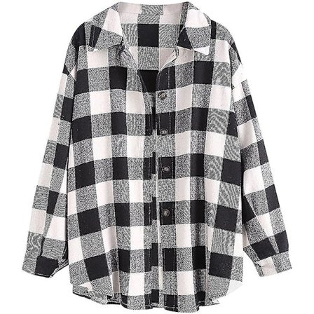 Rutig långärmad skjorta dam Button Down ullblandning tunn jacka Casual blustoppar med ficka Black and White