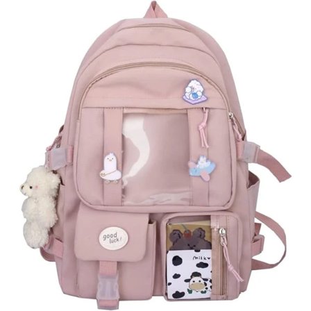 Rygsæk til børn med sødt tilbehør til piger, skoletaske i nylon, stor kapacitet, dagsrygsæk, flere lommer til teenagere - Pink