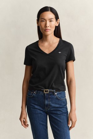 GANT Damen V-Neck T-Shirt (L) Schwarz