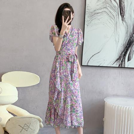 Fransk kortärmad V-ringad printed klänning Fishtailkjol semesterstil Pink purple L