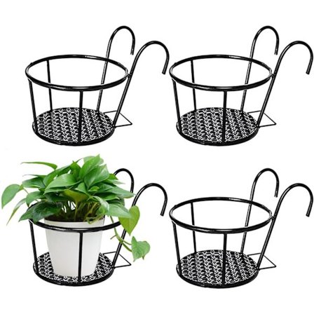 Hängande blomkruka hållare 4st 7 tum mesh botten dubbel krok rund planter korg vattentät anti-rost blomkruka rack för balkong järnväg utomhus levande