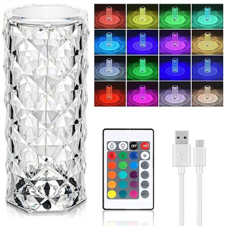 Crystal Diamond Table Lamp, 16 Colors Usb Charging Touch Lamp Bedside Night Light With Remote Control, Acrylic Rose