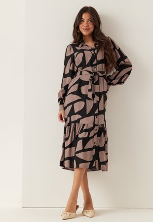 Happy Holly - Viscose Flounce Shirt Dress - Black/Nougat
