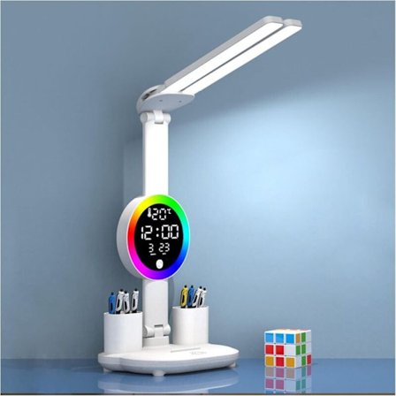 Børne Skrivebordslampe med Ur - Trådløs Dæmpbar LED - 3200mAh - Penholder - LCD Display - Kalender - Temperatur - 3 Lysfarver [Energiklasse F]