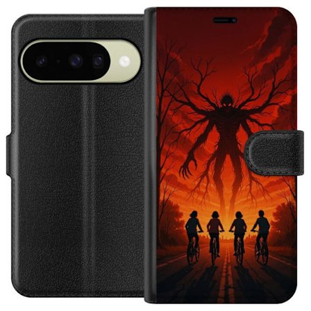 Kompatibelt Plånboksfodral till Google Google Pixel 10 Mörk Stranger Things-inspirerad skräckillustration med röd himmel, monsterfigur och cykland