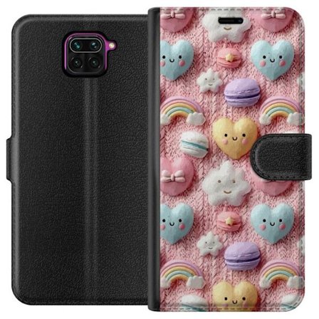 Kompatibel Tegnebogsetui til Xiaomi Redmi Note 9 Pastelmotiv med hjerter, skyer, regnbuer og macarons mod lyserød baggrund i en sød drømmende stil.