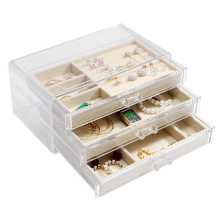 Smykkeboks for kvinner, akrylsmykkeboks med 3 store nivåer