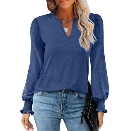 Dam V-hals Enfärgad Långärmad Tunikablus Baggy Pullover