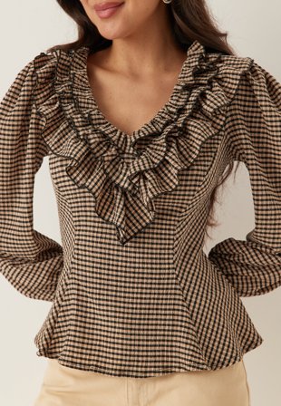 BUBBLEROOM - Jersey Frill Peplum Blouse - Beige/Black