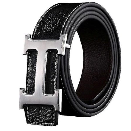 Ny Stil Forretnings Casual Ægte PU Læder H Glat Spænde Litchi Korn Bælte Til Mænd Black Sølv