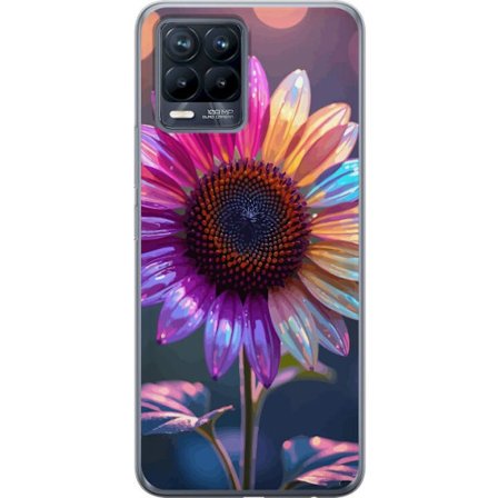 Kompatibelt Mobildeksel til Realme 8 Irideserende blomst med glitrende kronblad i rosa lilla og gull mot myk bokeh bakgrunn