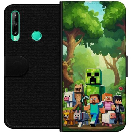 Kompatibelt Lommeboketui til Huawei P40 lite E Blokkete pikselerte spillverden med grønne figurer og dyr i frodig skogsmiljø