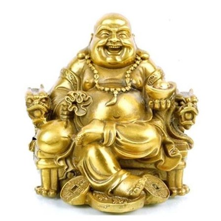 Feng Shui Buddha Statue Lykkegud af Rigdom, Latter Buddha På Kejser Drage Stol, Messing Buddha Statue Og