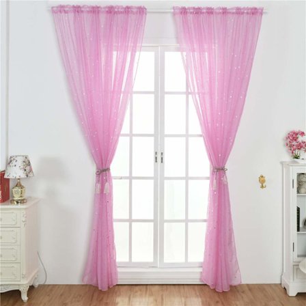 Stjerne Tulle Gardin, Gennemsigtig Stjerne Gardin til Soveværelse Glitter Stjerne Voile Gardin Panel Voile Net Gardin (100x270CM, pink, 1 gardin)