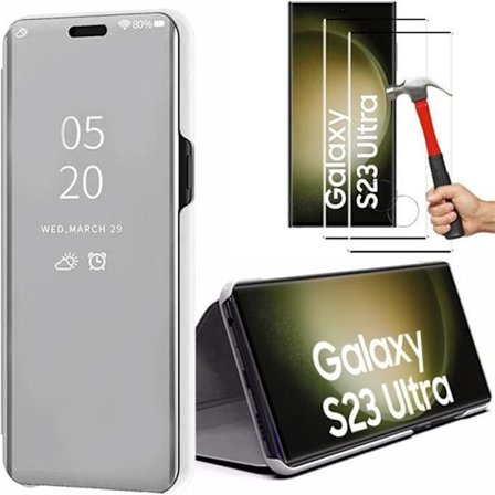 Etui til Samsung S23 Ultra + 2 hærdede briller, etui med spejleffekt Fuld beskyttelse sølv
