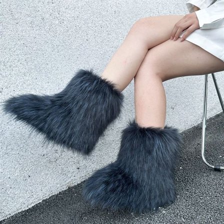 Faux vaskebjørn pels snestøvler, varmt og fluffy for, Y2K stil, snestøvler