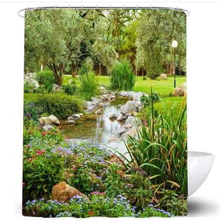 Grønt dusjforheng 180X180Cm med kroker Vanntett baderom badekar Anti-mugg Polyester stoff Bad dusjforheng Landskap blad gardin Ga