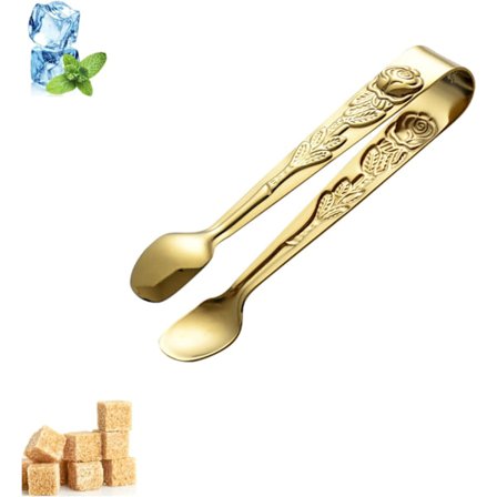1 guld mini serveringstang, rosestål sukkerterning
