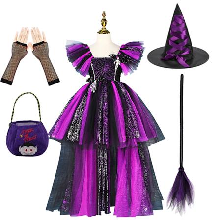 Disney Häxkostym Flickor Lila Mesh Släpande Klänning Maleficent Deluxe Flickor Fancy Halloween Fest Barn Cosplay Kläder 2-12T Witch Sets 03 10-11Y