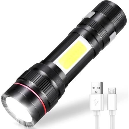 Oppladbar LED-lommelykt, 3 moduser og zoombar lommelykt, bærbar COB taktisk lys for barn gave/camping/tur/nødstilfelle/verksted/strømbrudd (1 stk)