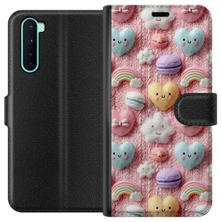 Kompatibelt Lommeboketui til OnePlus Nord Pastellmotiv med hjerter, skyer, regnbuer og makroner mot rosa bakgrunn i en søt drømmende stil.