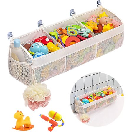 Kylpylelujen säilytyskassi, verkkokylpysäilytyskassi, kylpylelujen järjestäjä 3 lokerolla, ihanteellinen kylpylelujen lajitteluun