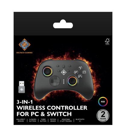Deltaco 3-in-1 Wireless Controller for PC, 2.4G + BT 5.1 Connection