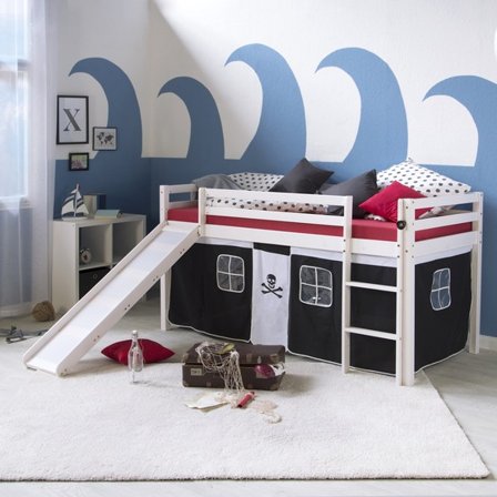 Homestyle4u Loftsäng Med Gardin Och Rutschkana - Svart Pirat - Litenleker