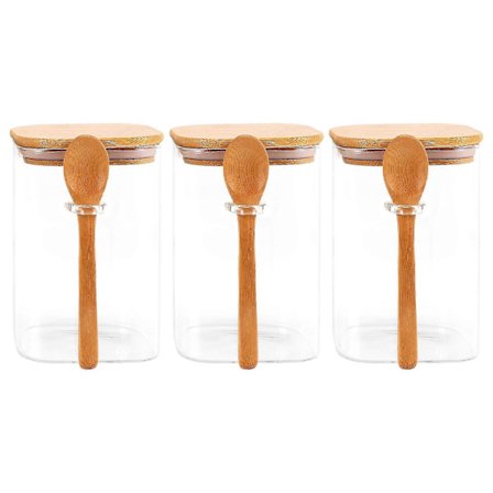 3 stk. Klar Firkantet Glas Opbevaringskrukke Med Bambuslåg Med Bambusskeer - Lufttætte Madkrukker - Glas