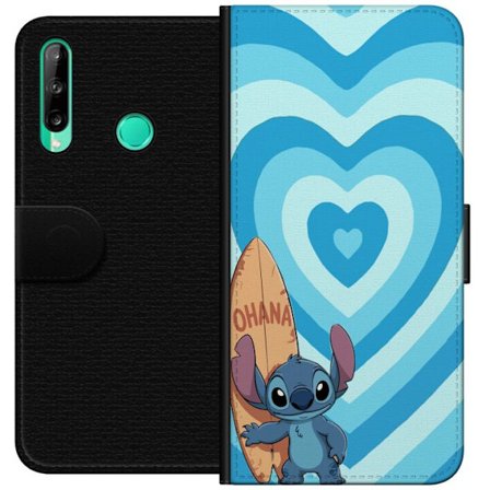 Kompatibel Tegnebogsetui til Huawei P40 lite E Sjov tegneserieillustration af Stitch med surfbræt og blå hjerter
