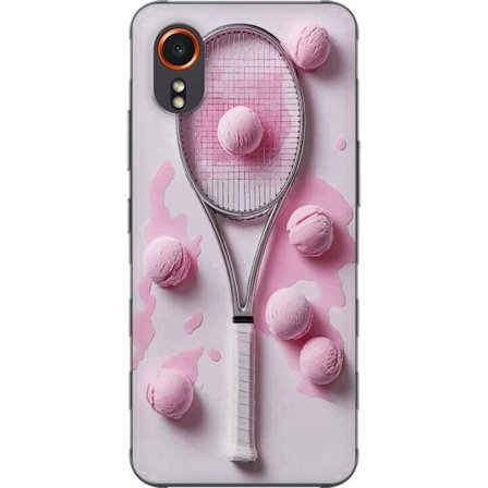 Kompatibelt Mobildeksel til Samsung Samsung Galaxy Xcover7 Rosa glasskuler og tennisracket i et kreativt, stille bilde med leken popfølelse og modern