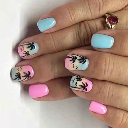 24 st Glansiga Tryck På Naglar Korta Fyrkantiga Fäst På Naglar Kokospalm Lösnaglar