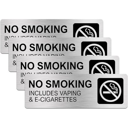 Rygeskilte, 9 x 3 tommer børstet aluminium, vandtæt, selvklæbende til kontorer, restauranter, rastepladser, offentlige toiletter - sølv (4-pak)